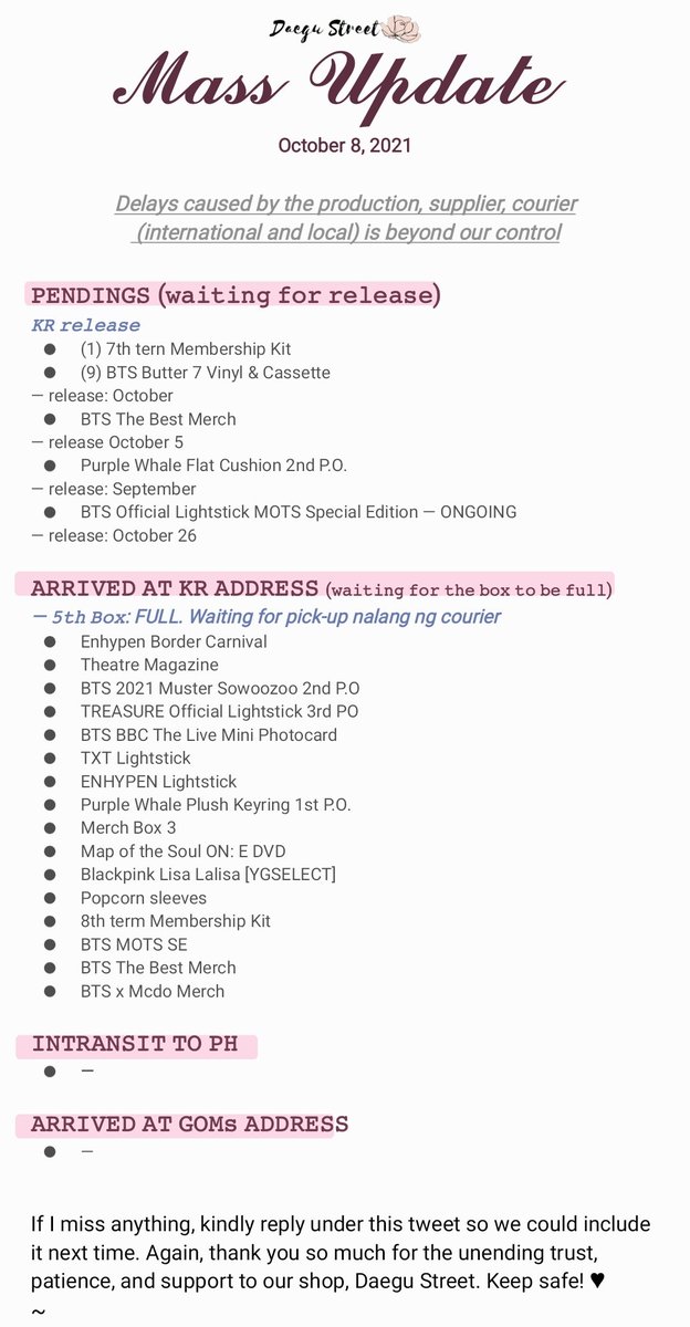 DAEGU_STREET's tweet photo. 📆 Status of all pending orders as of October 8, 2021

If we miss anything and if you have questions, please don't hesitate to message us. Thank you for your patience ~

 [ #DaeguStUpdate ] https://t.co/ZVo9ucIEJs