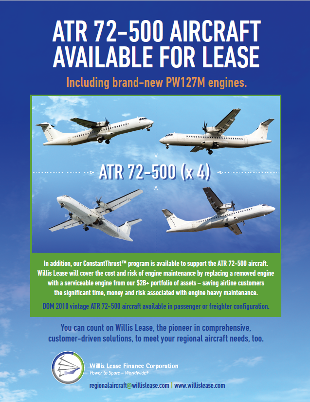 WillisLease's tweet photo. ATR 72-500 #aircraft are available for lease, including brand-new PW127M #engines! In addition, our #ConstantThrust™ program is available to support the #atr72-500 aircraft. To learn more, email regionalaircraft@willislease.com. #Aviation #AviationIndustry #Turboprop https://t.co/2Go10iARLv
