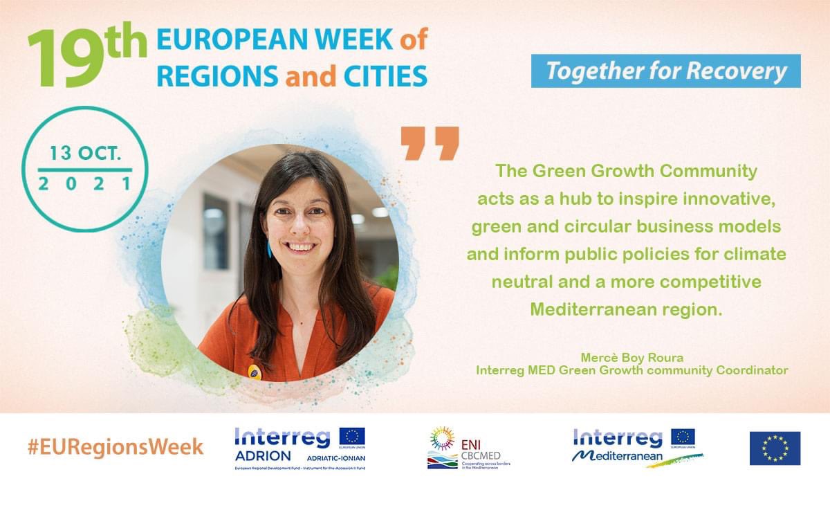 SAVE THE DATE
13 October/11.30-13 CET
Setting out the collective #achievements reached through networks, thematic communities and clusters in #circulareconomy, #greenentrepreneurship, and #sustainable transport.
#EURegionsWeek🇪🇺#MadeinMED 
👉   Register bit.ly/3ijgqCL
