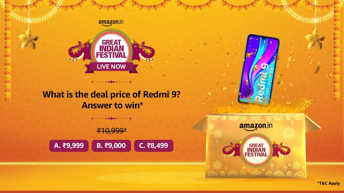 Amazon India (@amazonin) on Twitter photo There’s a big deal on Redmi 9 that you don’t want to miss!
Can you guess the deal price? Leave your answer in the comments below for a chance to win a Gift Card worth Rs 1000.*
Use #AmazonGreatIndianFestival and tag <a href="/amazonIN/">Amazon India</a>
*T&C apply: bit.ly/3ELYb2h
#BoxesOfHappiness There’s a big deal on Redmi 9 that you don’t want to miss!
Can you guess the deal price? Leave your answer in the comments below for a chance to win a Gift Card worth Rs 1000.*
Use #AmazonGreatIndianFestival and tag <a href="/amazonIN/">Amazon India</a>
*T&C apply: bit.ly/3ELYb2h
#BoxesOfHappiness