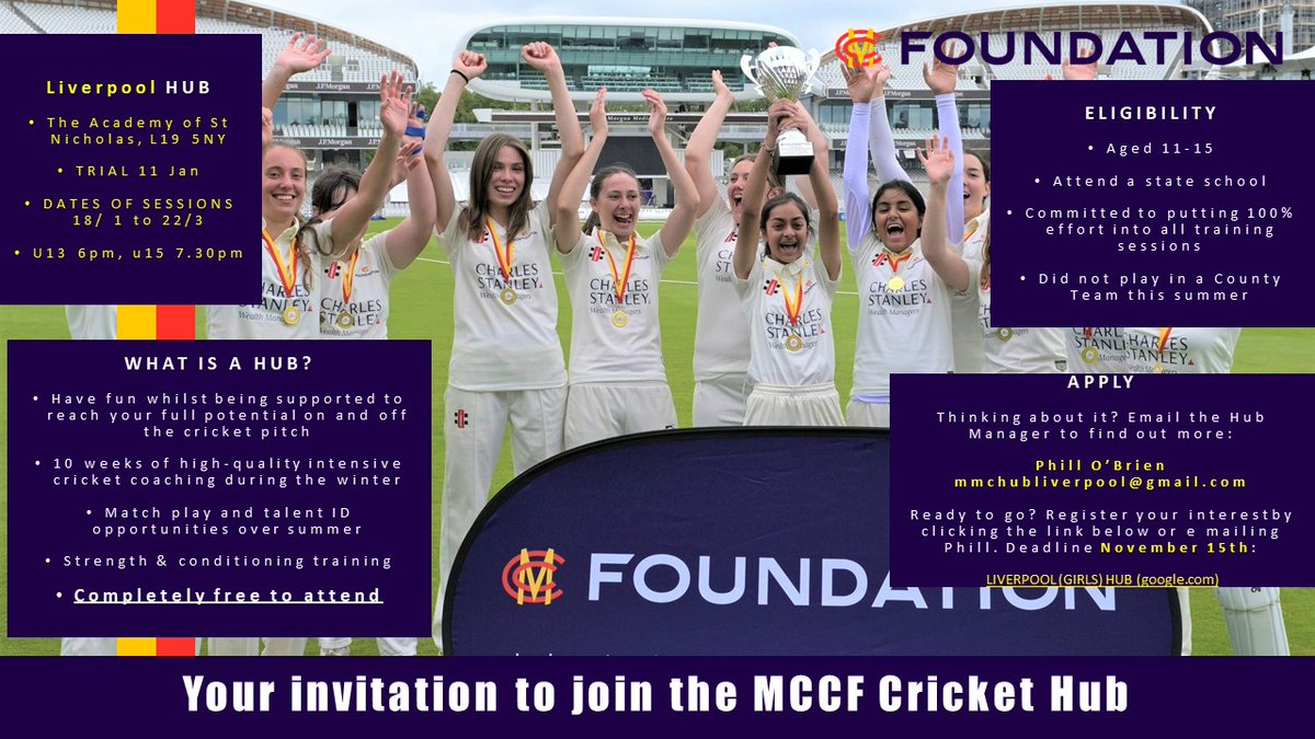 mcc_hub's tweet photo. @Liverpool_SSP the MCC Foundation are particularly  keen to reach children who are not presently  in cricket  clubs. Can you help us come to the attention of high schools in the city. Free program of cricket training for boys and girls https://t.co/v8Isel59Y2