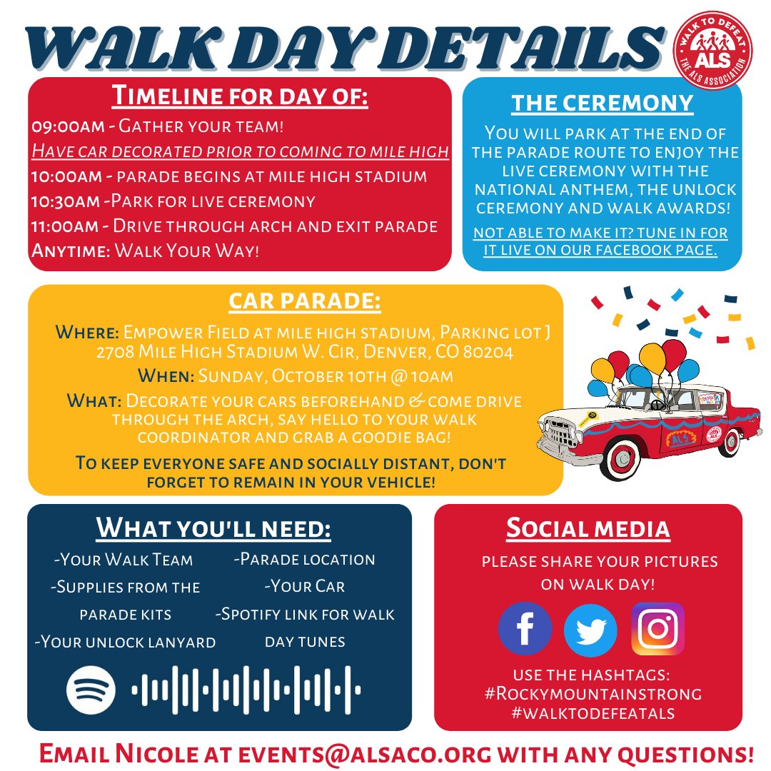 The Denver Walk to Defeat ALS-Car Parade Edition is Sunday!
Where: Mile High Stadium-Parking Lot J 
Time: 10am.
If you are unable to join the Car Parade tune in to watch our Facebook Live at 10am!
Please share pictures and tag us on Facebook @RockyMtnALSA!
#als #ouralscommunity