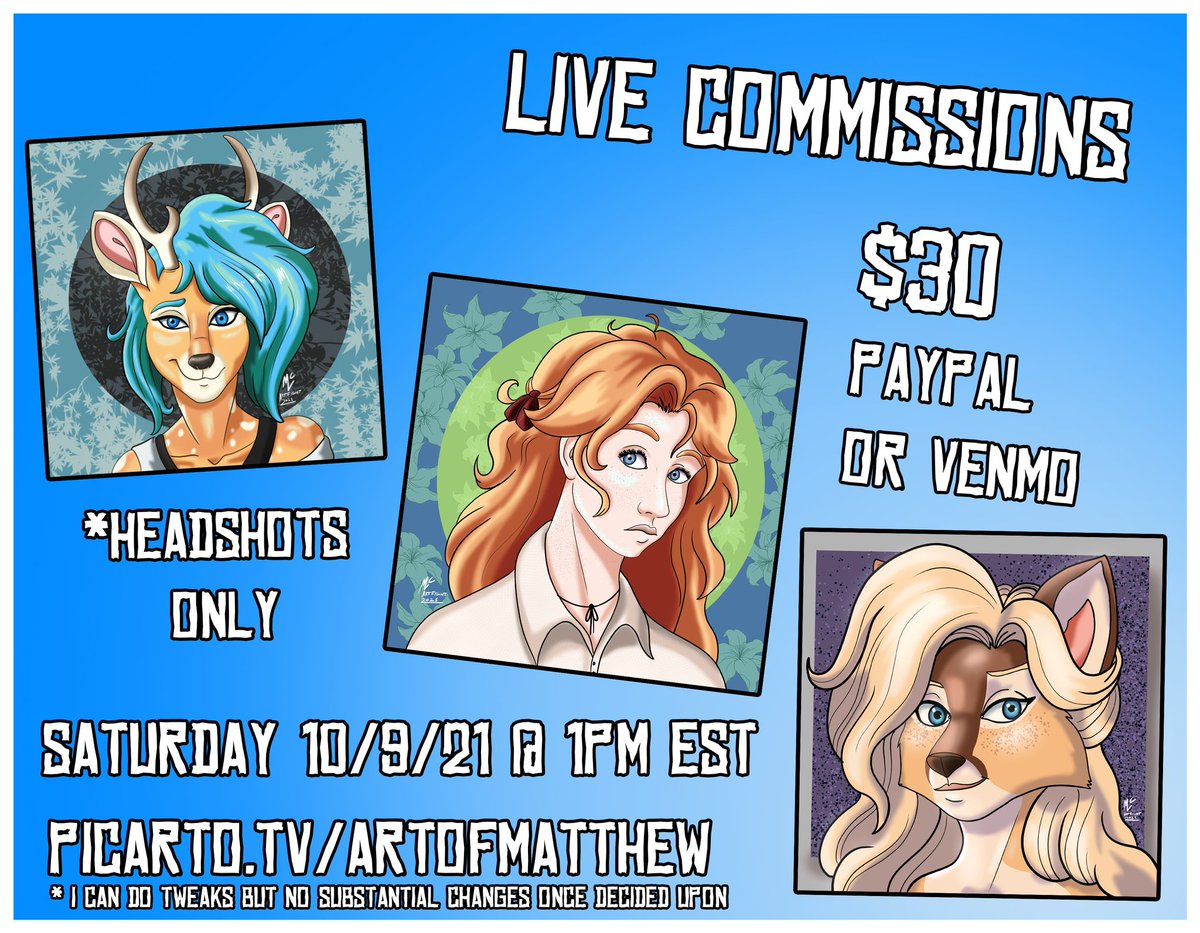 theartofmatthew's tweet photo. I know it's incredibly short notice, but a credit card bill snuck up on me and I could use the help! If you can't come or afford one, a share would be wonderful! Thank you and see you tomorrow! 
https://t.co/YMPKYYtzRV 
#commissions #commissionstream #picarto https://t.co/ZN5drAYukx