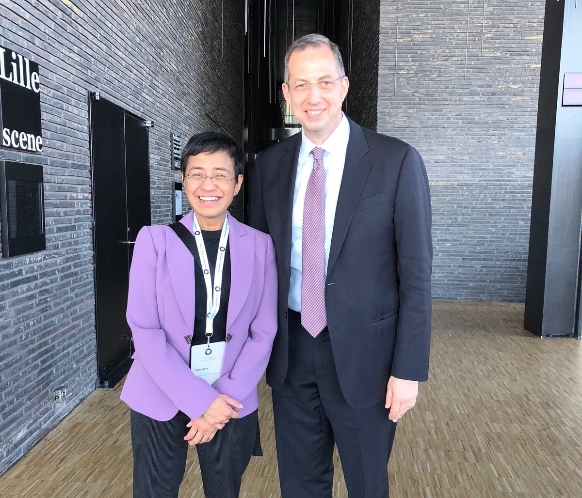 AmbDMitchell's tweet photo. Without a free press, democracy dies. Bravo Nobel Committee for recognizing @mariaressa, and her
@rapplerdotcom colleagues, and Dmitri Muratov/Novaya Gazeta, who epitomize courage, resilience and grace under enormous pressure to promote justice and peace #NobelPeacePrize2021 https://t.co/U3SFGg66On