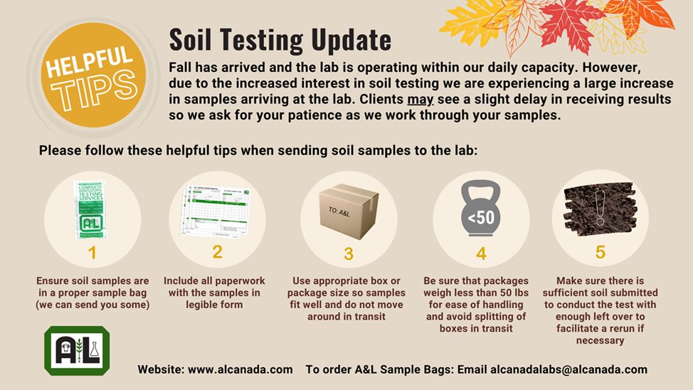ALCanadaLabs's tweet photo. Soil Testing Update &amp; Helpful Tips👇 https://t.co/39qKwQRLwv