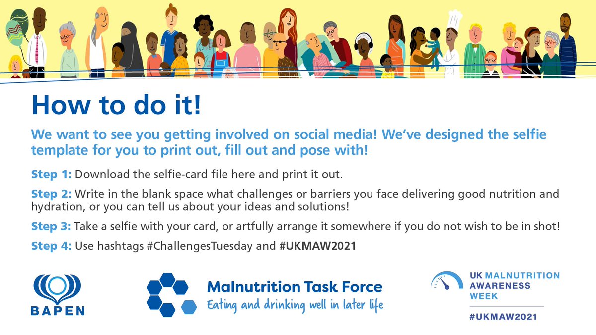 BAPENUK's tweet image. We want to know how you and your team ensure nutrition is at the forefront of coordinated care. Share tips, selfies and success stories today to help others beat the challenges! Don't forget to include #ChallengesTuesday so we see your posts. #UKMAW2021