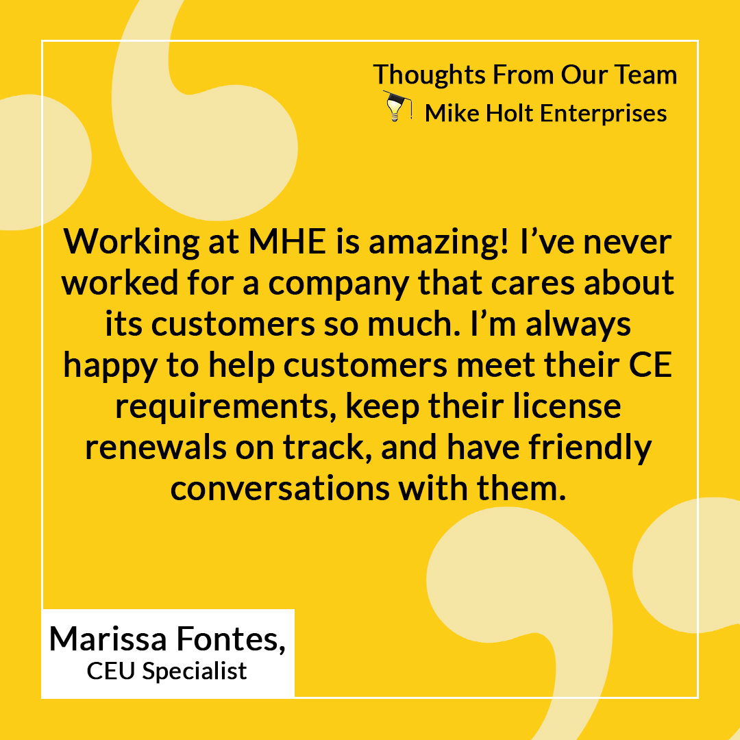 MikeHoltNEC's tweet photo. Our team is always sharing with us what they like about the industry and our customers. Here is what our CEU Specialist, Marissa Fontes, shared about why she likes this job…

#MikeHoltEnterprises #ElectricalIndustry #ElectricalCommunity #EmployeeTestimonial https://t.co/YG1YKz14Ku