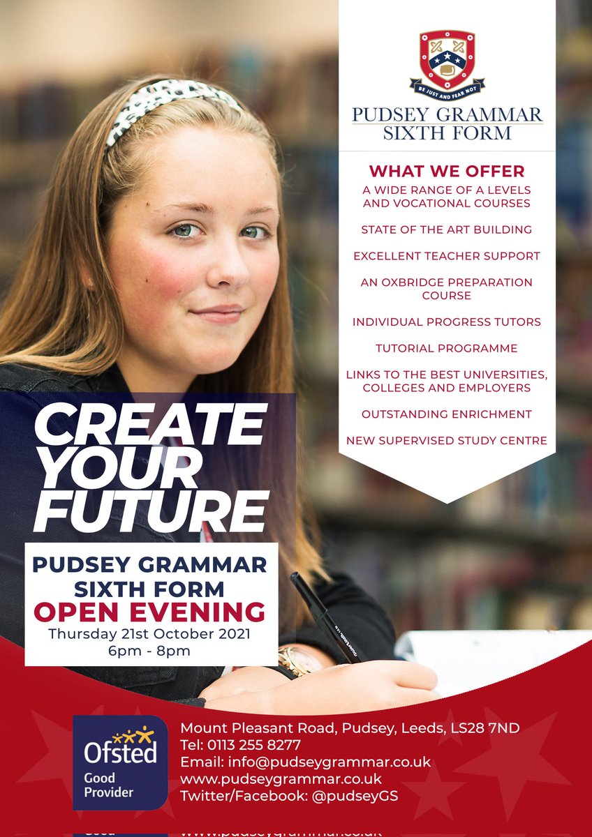PudseyGS's tweet photo. We are delighted to welcome students and their parents/carers who are considering their post 16 options to our Sixth Form Open Evening on Thursday 21st October 6pm - 8pm.

Click the link below to attend. We look forward to seeing you there! 

https://t.co/8eCE4Hpda6 https://t.co/G0h0AZLsPI