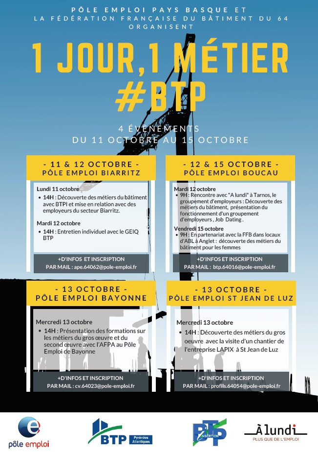 lasserre_michel's tweet photo. Le #BTP forme et recrute dans le 64. Découvrez ce secteur en forte tension en participant aux différents événements proposés au #Pays_Basque #AvecPoleEmploi & ses partenaires @FFBatiment @GEIQ_GE_Tarnos .
ℹ Inscription préalable par mail aux adresses indiquées sur l'affiche https://t.co/N1UKc23JbS