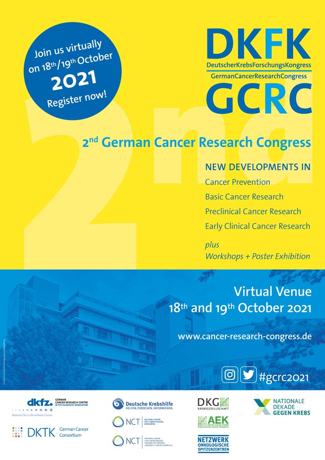 Last chance to register for the 2nd German #Cancer Research Congress taking place virtually on 18th/19th October 2021! 
There are still places available for many interactive workshops. More Info and Registration here: cancer-research-congress.de #dkfk21 #gcrc21 #CancerResearch