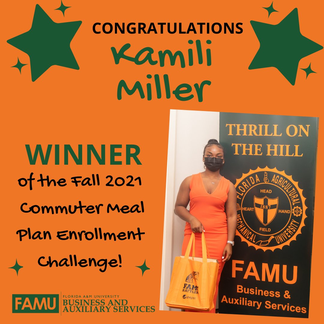 bas_famu's tweet photo. Congrats to Kamili Miller, the winner of the Fall 2021 Commuter Meal Plan Enrollment Challenge! Kamili is a senior Biology/Pre-Med major from Perry, GA. She stopped by to pick up her prize, a MacBook Air, sponsored by our beverage vending partner, Refreshment Services Pepsi! https://t.co/4oUJH3z4hK