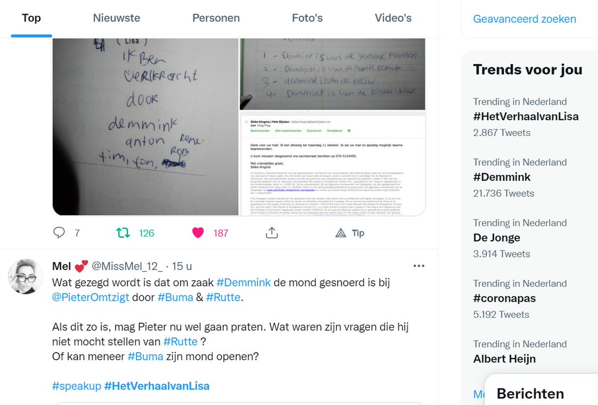 SomeoneElse2026's tweet photo. It's a historical day in the Netherlands! Today, #SRA survivor Lisa is trending on Twitter. And she's towering high above #Demmink, her #1 perpetrator!

PRAY for whistleblower @PlugHuig, who's acting as her voice, and for Lisa's mother, grandmother &amp; siblings!

#HetVerhaalVanLisa https://t.co/jHNrn2wT48