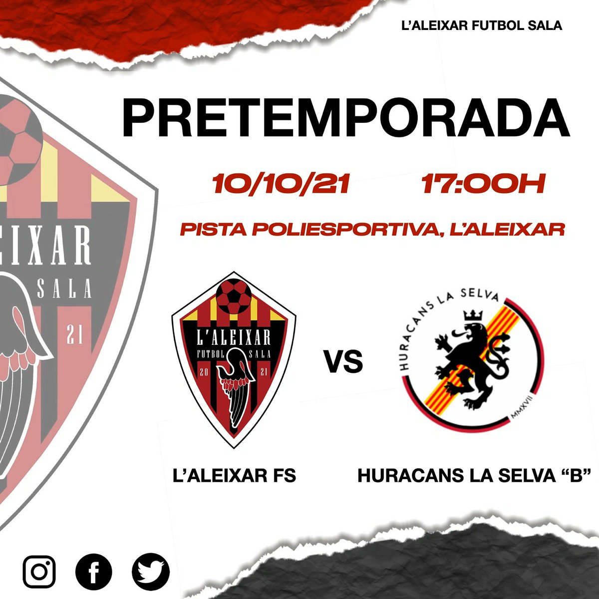 AleixarFS's tweet photo. Aquest diumenge juguem l'últim partit d'una treballada pretemporada. 
Ens enfrontem als Huracans de la Selva.
Un bon rival per acabar de preparar-nos per l'inici de lliga. 
Us esperem aquest diumenge a les 17:00 a la pista de l'Aleixar. Esperem que el temps ens respecti. https://t.co/IaMnwxp6TZ