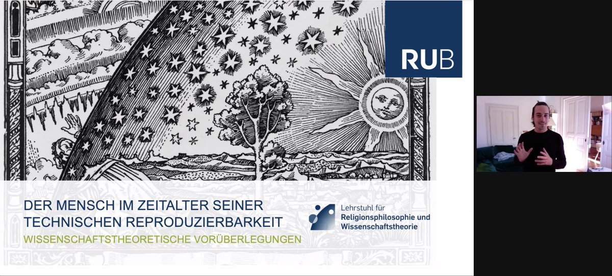 "Der #Mensch im Zeitalter seiner technischen Reproduzierbarkeit": Auf der #nethKI21 Tagung stellt <a href="/lukbrand/">Lukas Brand</a> (<a href="/ruhrunibochum/">Ruhr-Universität Bochum</a>) die spannende Frage, was am Menschen technologisch reproduzierbar und was bestenfalls simulierbar ist. Hochinteressante Frage 😲🤖 #Theologie #KI #Technik