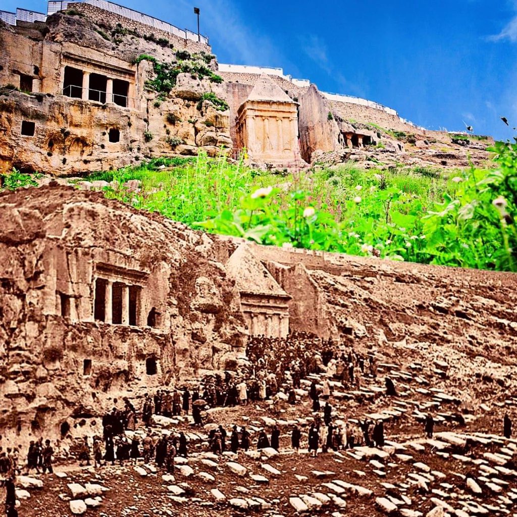 cityofdavid's tweet photo. THREAD >>> ⏰Combing the #past and #present - this is a shot of the Kidron Valley, with the tomb you are looking at dates back 2,000 years, belonging to the Bnei Hezir priestly family.⏳ https://t.co/ZG1sQKYP9A
