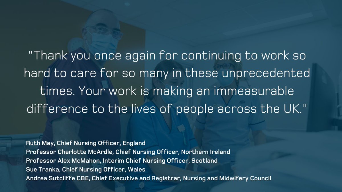 This week <a href="/nmcnews/">Nursing and Midwifery Council</a> joined with UK Chief Nursing Officers to write to every nurse, midwife &amp; nursing associate on our register across health &amp; social care to thank them &amp; assure them of our support in these tough times.
@CNOEngland <a href="/charlottemcardl/">charlotte mcardle RN</a> @profalexmcmahon @suenaidoo73