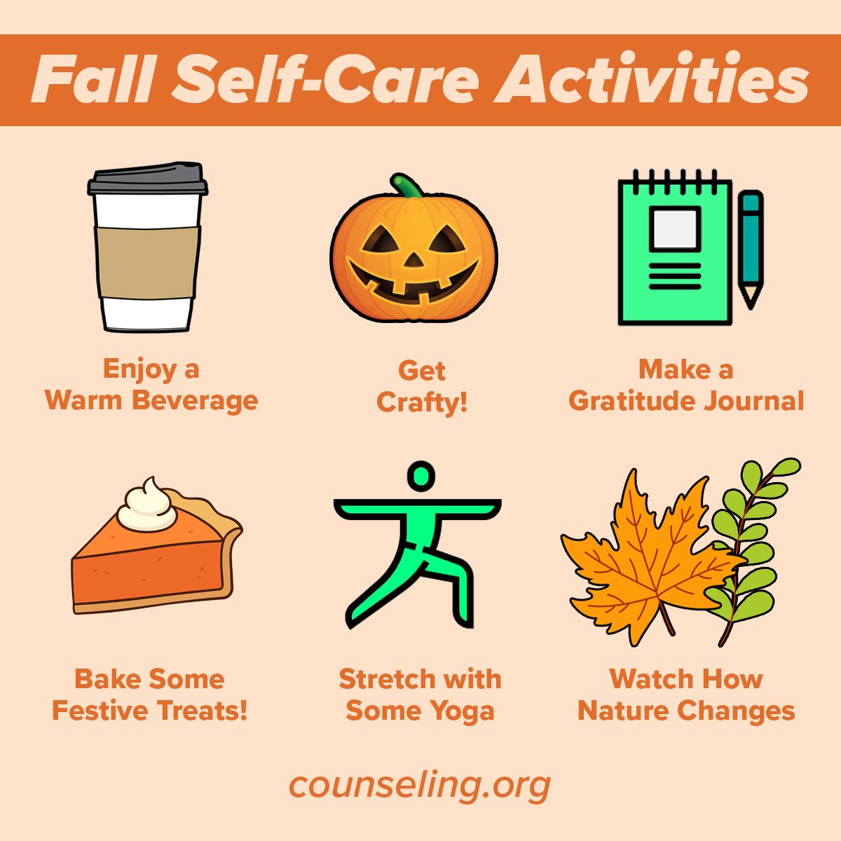 Happy Friday! Here are some self-care activities to help you get in that fall spirit! #FeelGoodFriday #CounselorsHelp
