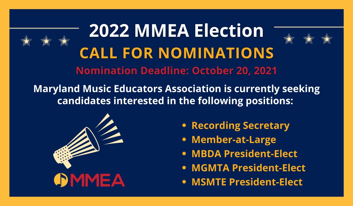 marylandmued's tweet photo. 2022 MMEA Elections!  Call for nominations is open until Oct. 20th, 2021.

Learn more and nominate: https://t.co/ydz1GFNh6h https://t.co/kNvB24CGLs