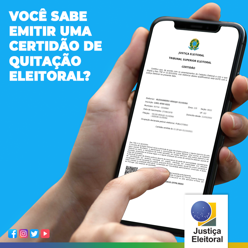 TRESPjusbr's tweet photo. Precisa de uma certidão de quitação eleitoral? Emitir é fácil, rápido e gratuito!

Se você está em dia com a Justiça Eleitoral, você pode emitir na hora a certidão pelo site (https://t.co/poQ9Jrauvv) ou pelo aplicativo e-Título. 😉 

#JEonline https://t.co/YGi5Tbxbnu