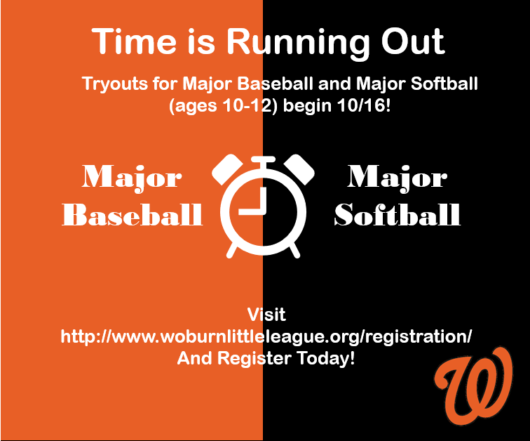 If your player is between the ages of 10-12 and would like to try out for Major Baseball or Major softball, there is still time to register for tryouts. Tryouts begin on Saturday, 10/16 and end on Sunday, 10/17. 7 Days Left! ow.ly/WQa050Gh61O