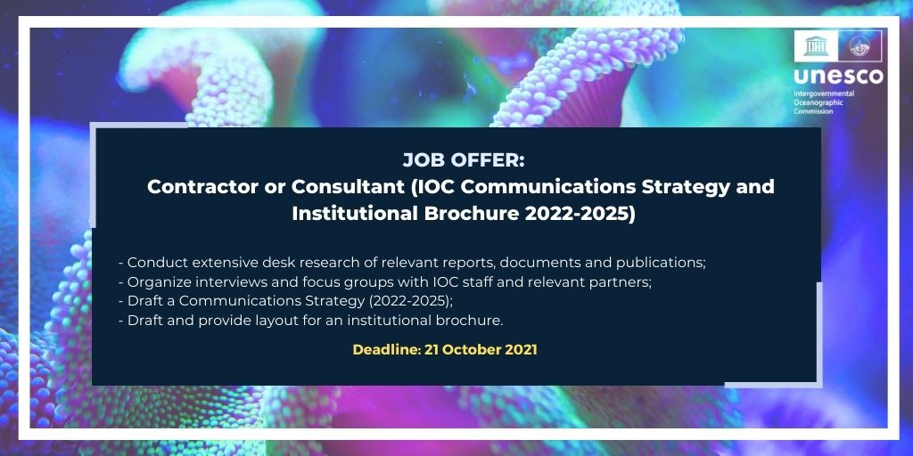 IocUnesco's tweet photo. [JOB OFFER] 📄 

We are looking for a Contractor or Consultant to develop a Communications Strategy (2022-2025) and an Institutional Brochure.

 📅 Deadline: 21 October 2021 
👉https://t.co/XfDBXYFjsD https://t.co/99P9aU6hde