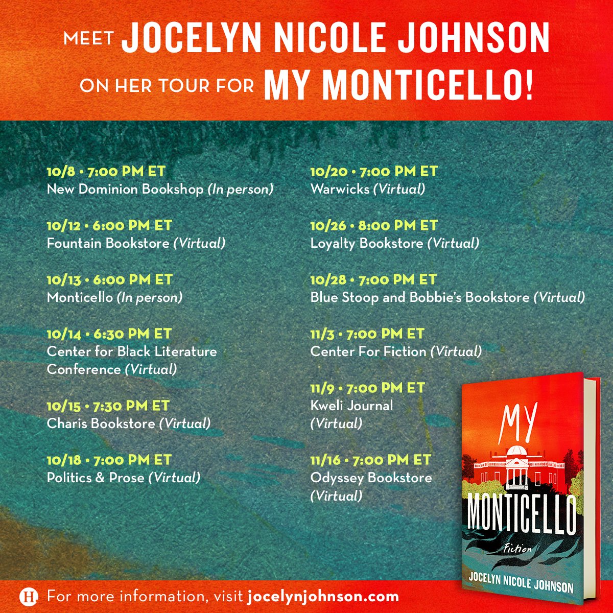 Don’t miss @jocelynjohnson in person at Charlottesville’s @NDBookshop discussing her new release, MY MONTICELLO! Happening tonight at 7pm ET! ow.ly/PTNS50GlEPa