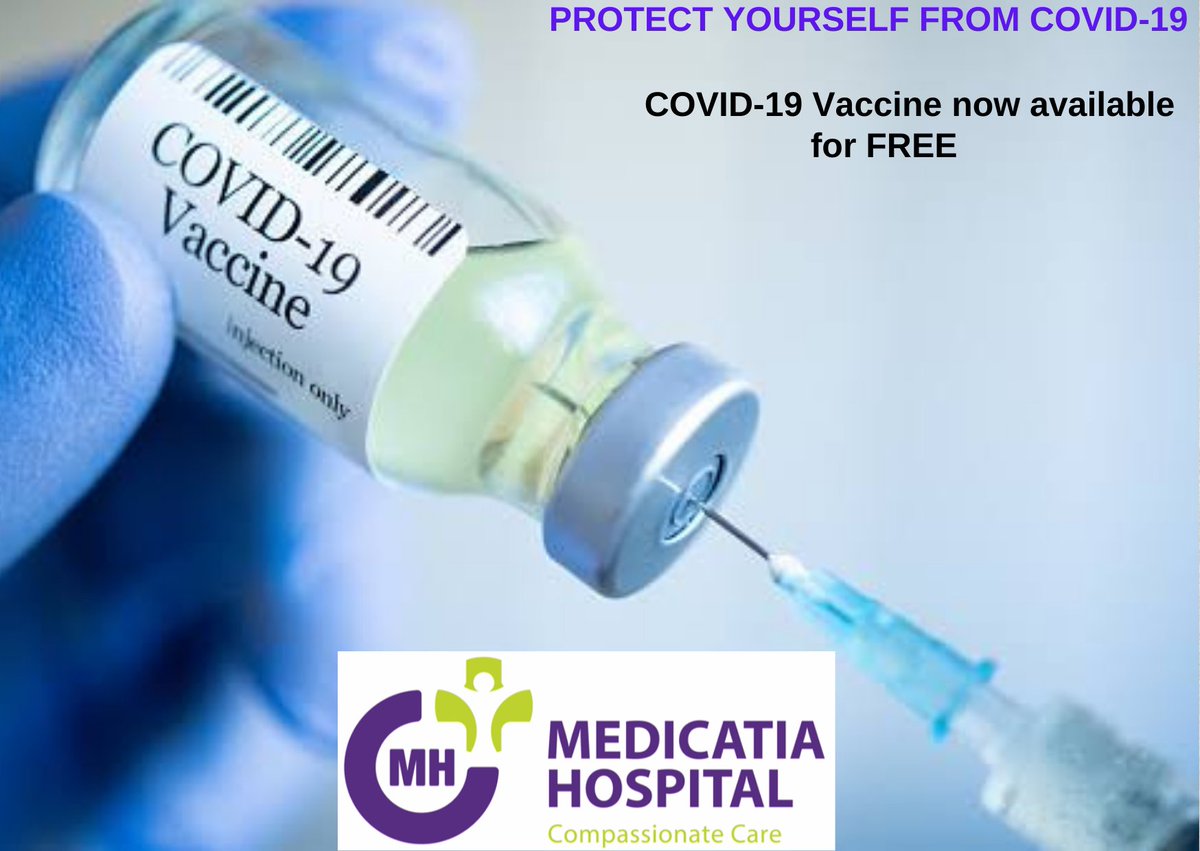 Hello #TeamMedicatia, we have good news for you!

We now have the COVID-19 Vaccine available for FREE at our hospital.
The Vaccine is very safe &amp; effective.

Don't be left out, come get vaccinated😊

#PamojaTukomesheKorona
#CompassionateCare