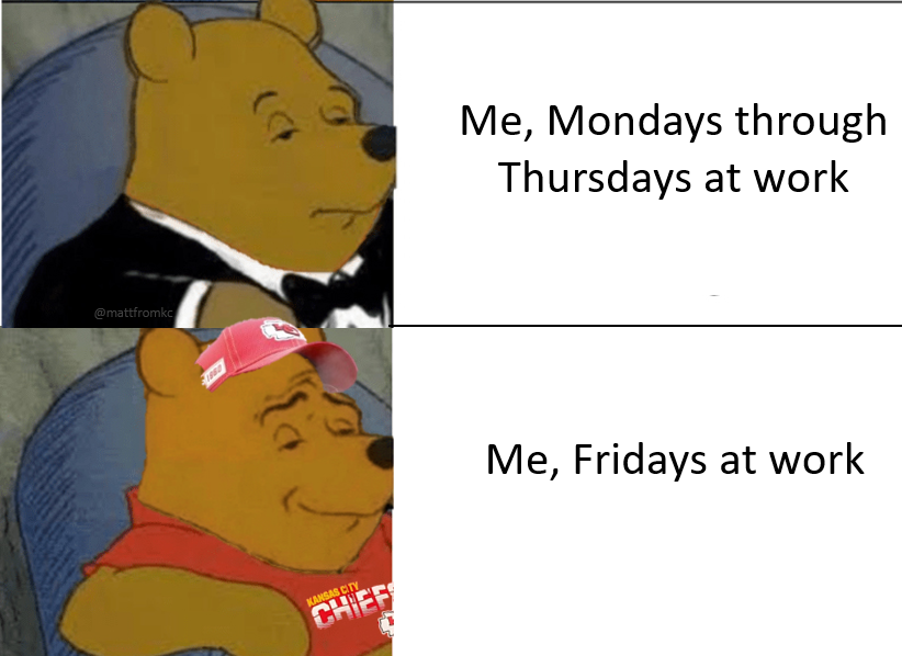 MattfromKC's tweet photo. Me during the week versus on #RedFridays in #ChiefsKingdom: https://t.co/eA8IitEIlg
