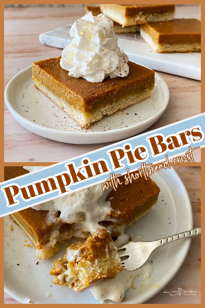 affair_heart's tweet image. Pumpkin pie to feed a crowd! I love this easy recipe for Pumpkin Pie Bars! Made with a delicious Shortbread Crust, instead of a pie crust, they bake up to pumpkin pie perfection in a 9x13 baking dish and serve a crowd in no time!  anaffairfromtheheart.com/pumpkin-pie-ba… #FreakyFridayRecipes