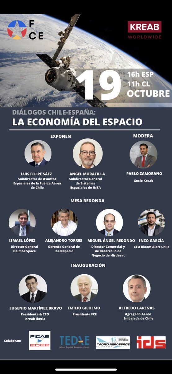 FundChileEspana's tweet photo. Apúntate ya en el encuentro “Diálogos Chile-España: La Economía del Espacio” organizado por @FundChileEspana @KreabEspana 

19 de octubre a las 16.00h ESP 11:00CL
Aquí: https://t.co/M95QXssMEj https://t.co/Gc33HkJrNx