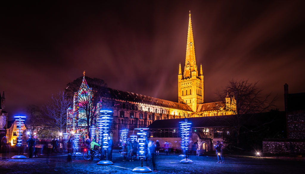 LightNorwich's tweet photo. Who's excited for the return of #LoveLightNorwich? ✨ Taking place from 17-19 February 2022. The free festival is designed to showcase the city in all its stunning beauty, drive footfall into the city centre, and encourage cultural tourism. https://t.co/uPC5lmCCJl https://t.co/I2AReebUWQ
