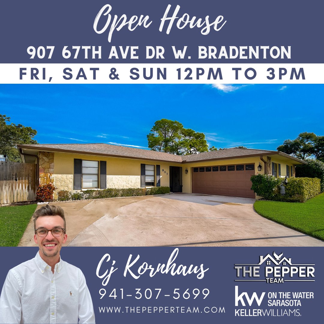 thepepperteam's tweet photo. ‼️OPEN HOUSE STARTING TODAY‼️

You have3️⃣opportunities this weekend to see this BEAUTIFUL home with our newest rockstar agent CJ. 

1️⃣Friday 12-3pm 
2️⃣Saturday 12-3pm
3️⃣Sunday 12-3pm
📍907 67th Ave Dr W, Bradenton FL

The Pepper Team 
941-400-8227
https://t.co/f43Pcvudxf https://t.co/23JyDrlqxl