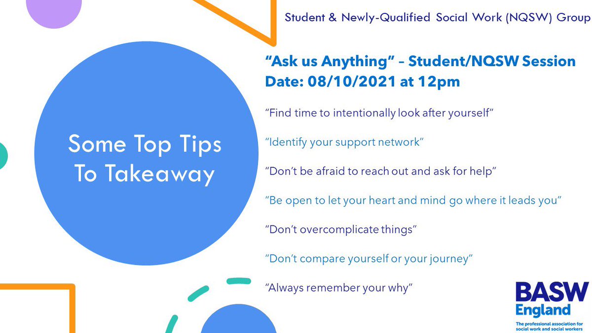 _JDSW20's tweet image. Thanks to everyone who attended the BASW Event today, we hope you found it useful. Feel free to share with your network and connections 🤩 you are not alone on this journey @BASW_UK @BASWstudents #BASWEnglandStudentNQSW #SocialWork #NQSW
