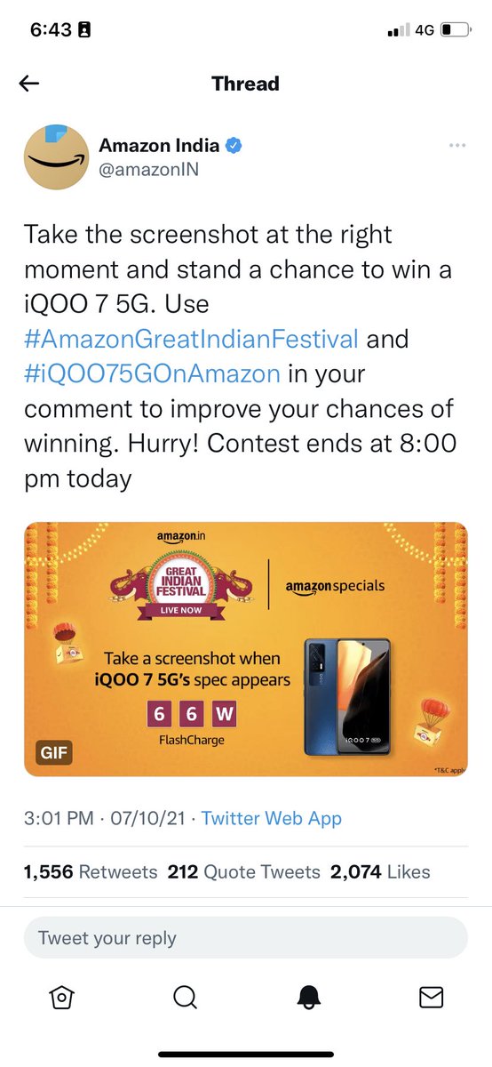 sandeep19861's tweet photo. @amazonIN Take the screenshot at the right moment and stand a chance to win a iQOO 7 5G. Use #AmazonGreatIndianFestival and #iQOO75GOnAmazon in your comment to improve your chances of winning. Hurry! Contest ends at 8:00 pm today https://t.co/SbEvO7nsdH