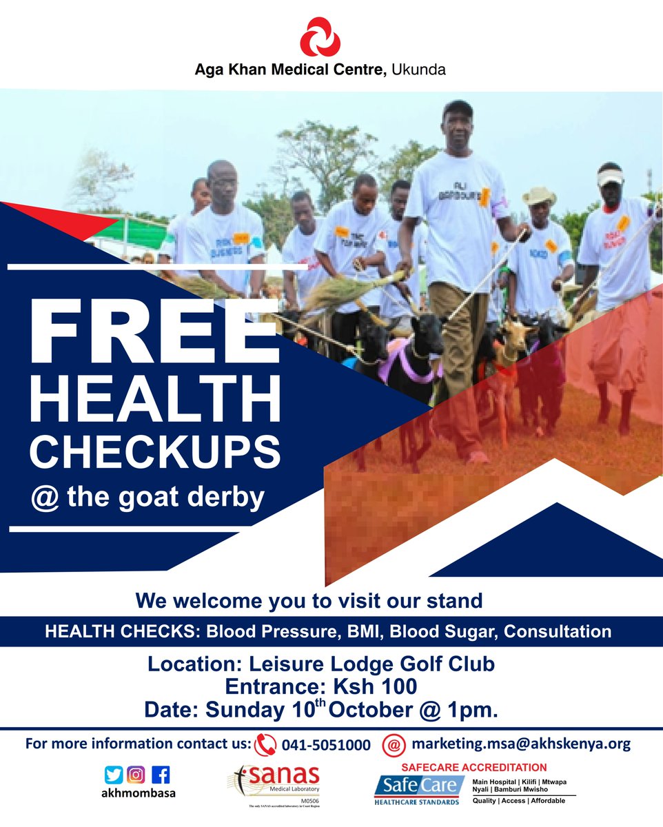 akhmombasa's tweet photo. Drumroll please!!!!! It's Diani Goat Derby Time! 🐐🐐 Sunday 10th October, Aga Khan Medical Centre, Ukunda will be ready again as the official health partner for #eawl to conduct FREE health check-ups.  See you at our stand.
#DianiGoatDerby
#TogetherWeAreSafe https://t.co/UAnxjlbgrt