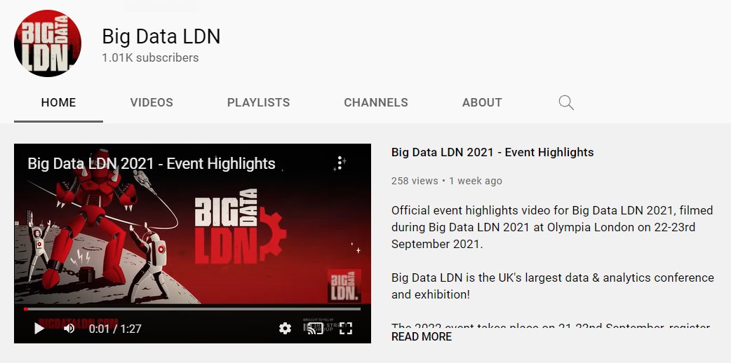 We have just surpassed 1000 subscribers on our YouTube channel which hosts 300+ pieces of video content!

Subscribe &amp; turn on notifications to get alerts when we publish further content, including more videos from #BigDataLDN 2021.

SUBSCRIBE HERE: youtube.com/c/bigdataldn
🙌 🎥