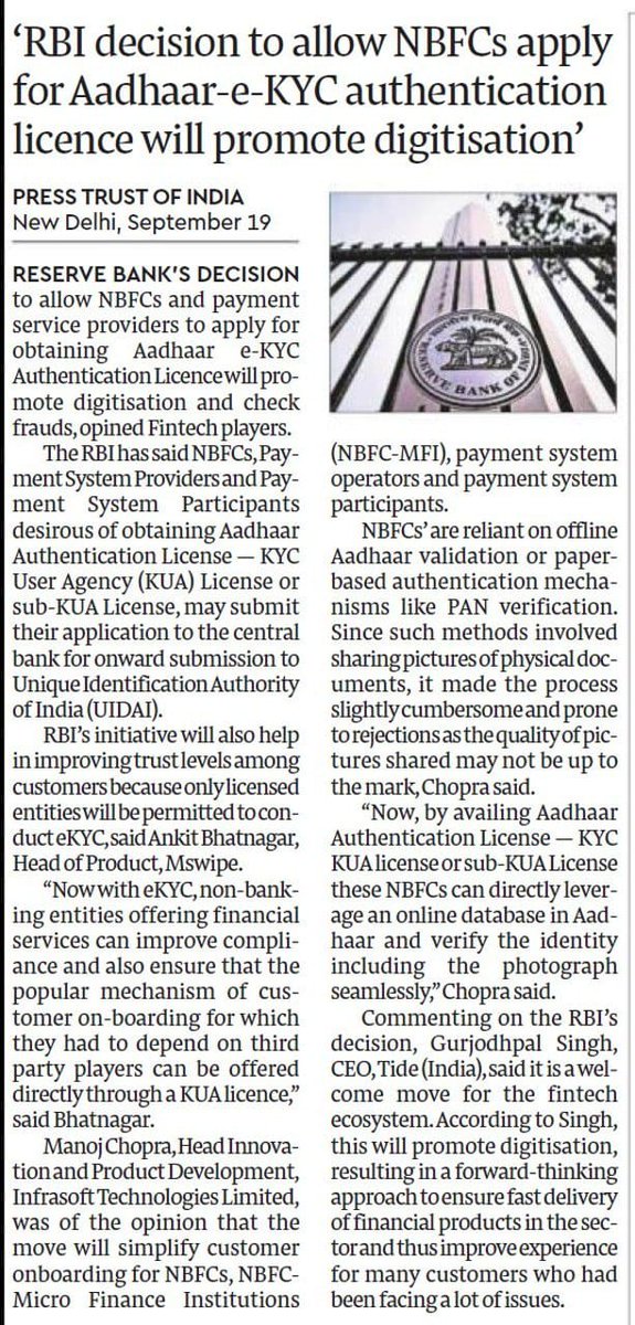 RBI's recent decision to allow NBFCs to apply for Aadhaar-eKYC authentication license for onboarding customers is a welcome move for the Fintech ecosystem. This will not just promote digitisation, but will help make the onboarding journey less bumpy for customers.
#KYC #ekyc