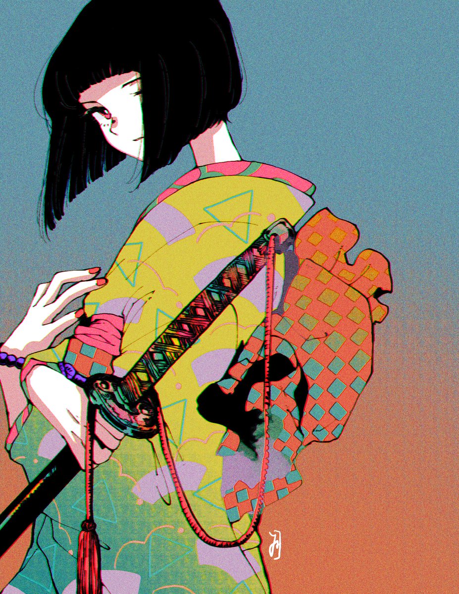1girl japanese clothes solo kimono sword weapon black hair  illustration images