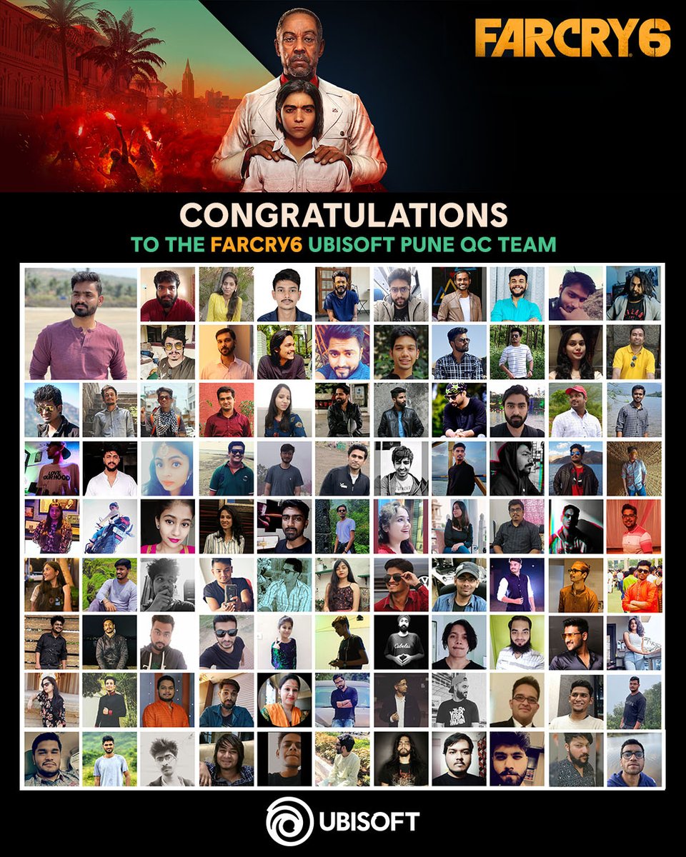 ubisoftin's tweet photo. Meet the Far Cry 6 QC Team 🤝 Kudos to all our team members for their incredible work on #FarCry6 👏👏🎉

#UbisoftPune  #LifeAtUbi  https://t.co/W7RXIABZnU https://t.co/c9QBabLFnQ