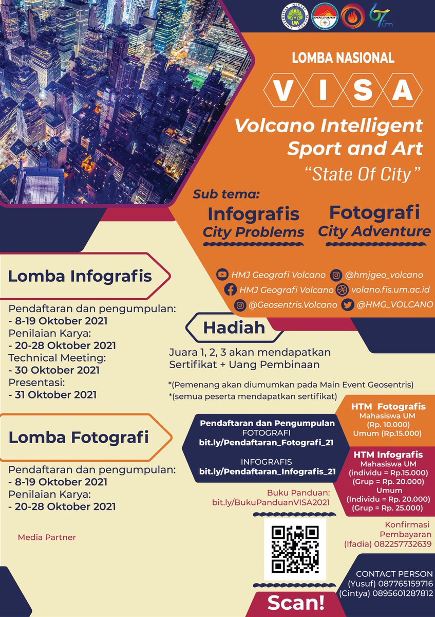 HMG_VOLCANO's tweet photo. 🌋HMJ Geografi “VOLCANO” Proudly Present “Lomba Nasional VISA (Volcano Intelligent Sport and Art) 2021”🌋 yaitu sebuah perlombaan fotografi dan infografis dengan tema  “State of City”. 

Sub-tema perlombaan:
1. Fotografi:  "City Adventure"
2. Infografis: "City Problems" https://t.co/irCgNsYWuI