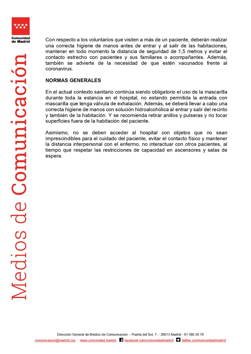 SaludMadrid's tweet photo. La @ComunidadMadrid permitirá la próxima semana visitas y acompañamientos a los pacientes no #COVID19 en los #hospitales de la región

➡️Uso de mascarilla
➡️Se aconseja que los visitantes estén vacunados con pauta completa
➡️Un acompañante por enfermo en habitación compartida https://t.co/zhYz2ertfH
