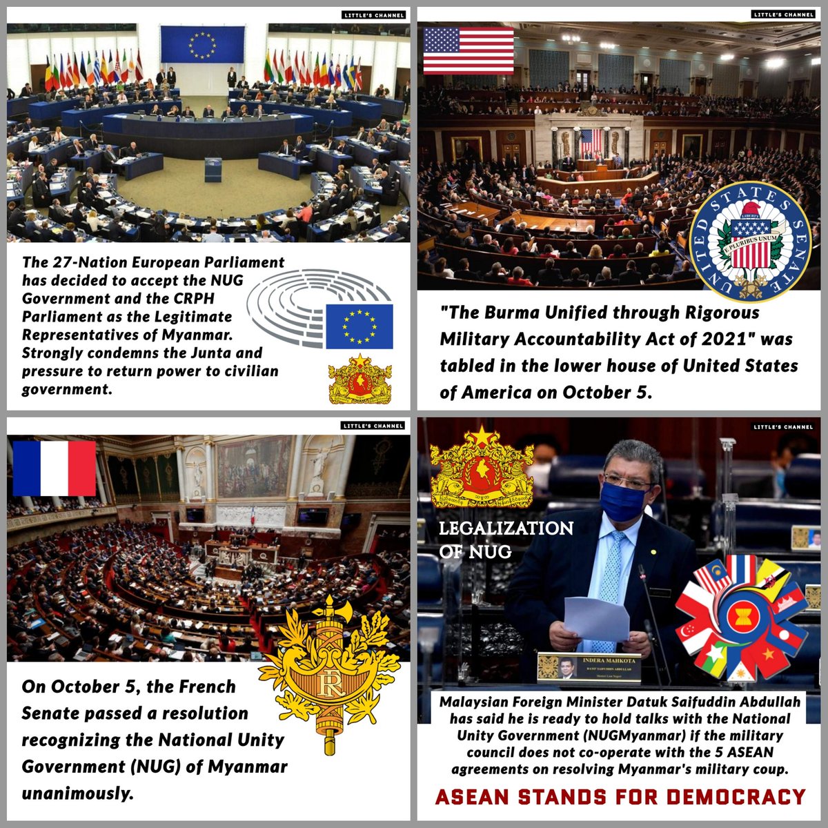 Su Hlaing (@suhlaing25) on Twitter photo EU 🇪🇺, France 🇫🇷, Czech 🇨🇿 — Already Recognized <a href="/NUGMyanmar/">National Unity Government Myanmar</a> and <a href="/CrphMyanmar/">CRPH Myanmar</a>.
USA 🇺🇸, South Korea 🇰🇷, Japan 🇯🇵 — Proposed For Recognition.
Please #RecognizeNUG to protect the lives of Myanmar people and restore democracy, <a href="/UN/">United Nations</a> and <a href="/ASEAN/">ASEAN</a>. EU 🇪🇺, France 🇫🇷, Czech 🇨🇿 — Already Recognized <a href="/NUGMyanmar/">National Unity Government Myanmar</a> and <a href="/CrphMyanmar/">CRPH Myanmar</a>.
USA 🇺🇸, South Korea 🇰🇷, Japan 🇯🇵 — Proposed For Recognition.
Please #RecognizeNUG to protect the lives of Myanmar people and restore democracy, <a href="/UN/">United Nations</a> and <a href="/ASEAN/">ASEAN</a>.