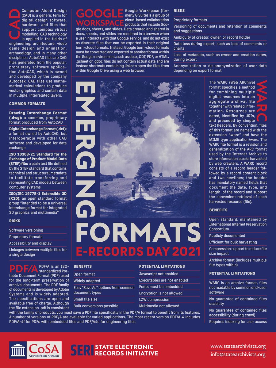 Happy #ERecsDay Check out the new poster from <a href="/StateArchivists/">CoSA</a>  about new and emerging electronic formats. #ElectronicRecords