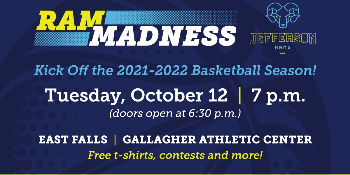 JeffersonUniv's tweet photo. Jefferson students! Kick Off the 2021-2022 Basketball Season at Ram Madness! Free t-shirts, contests, prizes and more! Reminder: All attendees must wear a mask when indoors. @JeffersonRams https://t.co/ew9DBqP1sR
