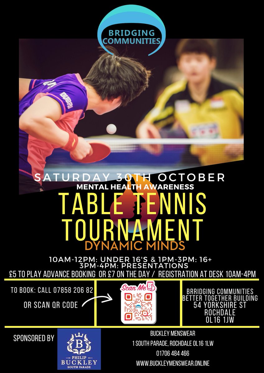 Br_Communities's tweet photo. Table Tennis tournament &amp; Halloween Event  #DynamicMinds #followusformore #manchester #competition #school #tennis #tabletennis #cominsoon #halloween #tournament #mentalhealthsupport @WeActTogether  #talktous #communications  @rochdaletowncentre @rochdaletownhall @buckleymenswear https://t.co/kgWrZvmhsX