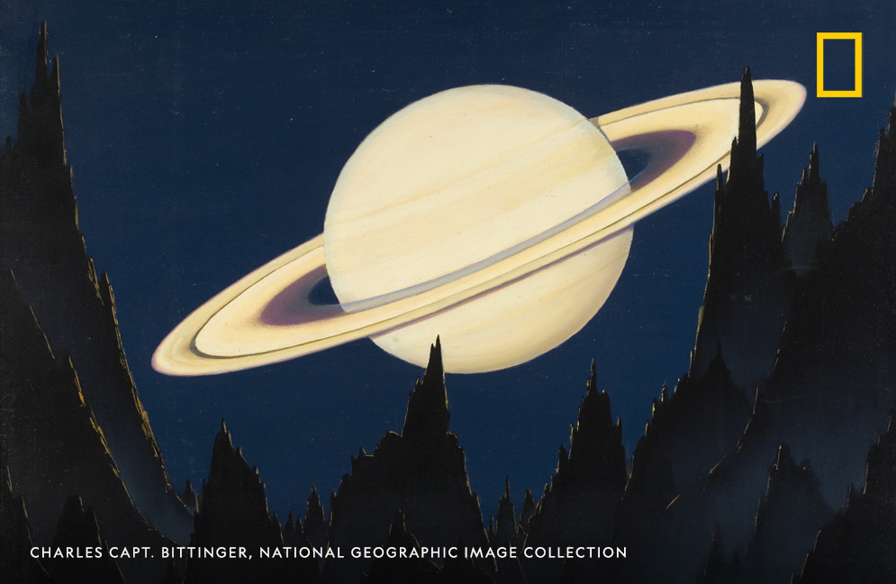 NatGeoHistory's tweet image. A painting of Saturn as seen from an asteroid 500,000 miles away. Happy #WorldSpaceWeek2021!
