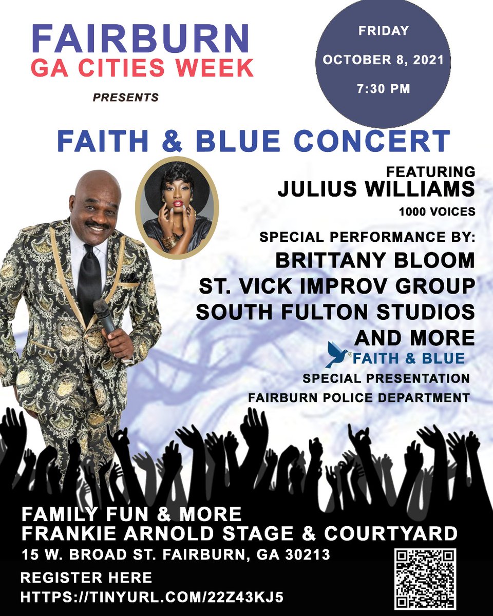 TONIGHT!
Fairburn Georgia Cities Week
presents
The FAITH and BLUE CONCERT!
Today, Friday, October 8 at 7:30
Frankie Arnold Stage &amp; Courtyard
15 W. Broad Street
Bring your lawn chair and be prepared to have a GOOD TIME!