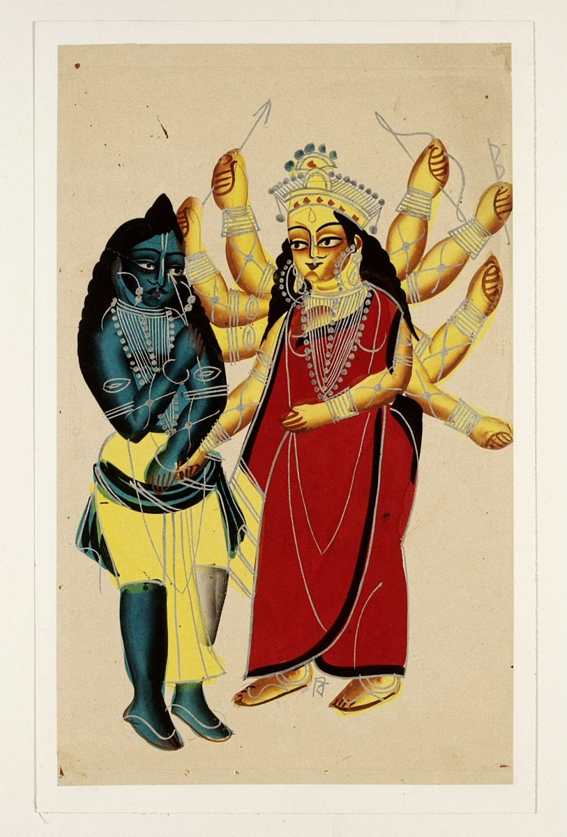 Rama Worshipping Durga
Artist: unknown
Date: ca. 1885
Kalighat style of painting,  Kolkata
Opaque watercolor on paper
#mythology
Source: @V_and_A 

@JoelBordeaux @IndiaTales7 @knowindia @prerana_005 @Aarti_Panday @hemantsarin @kamlesm @ssharadmohhan @ArjunKamalesh @seemarkmenon