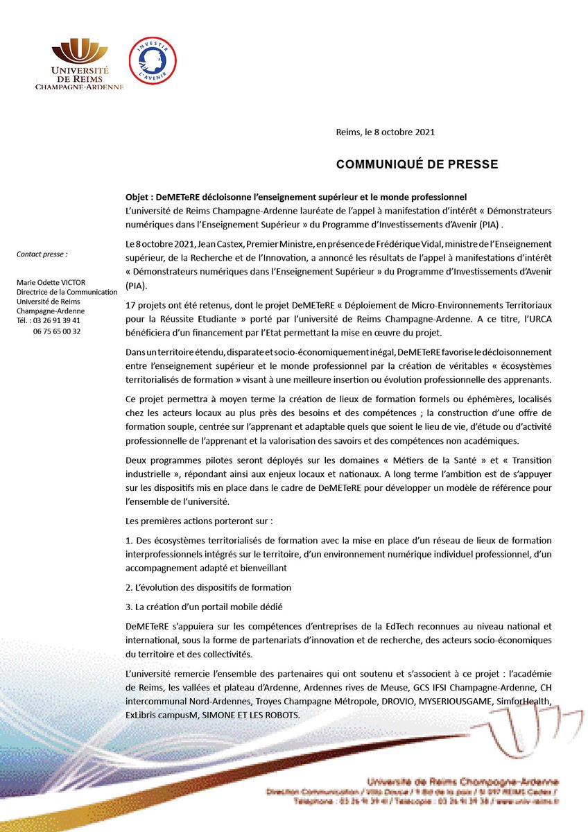 Très heureux de voir <a href="/universitereims/">Université de Reims Champagne-Ardenne</a> figurer parmi les lauréats avec le projet #DeMETeRE : Déploiement de Micro-Environnements Territoriaux pour la Réussite Etudiante. Merci à nos partenaires et aux #EdTech <a href="/MySeriousGame/">MySeriousGame</a> <a href="/SimforHealth/">SimforHealth</a> <a href="/simonelesrobots/">Simone et les Robots</a> @exlibrisFR <a href="/DrovioHQ/">Drovio</a> 👏👏