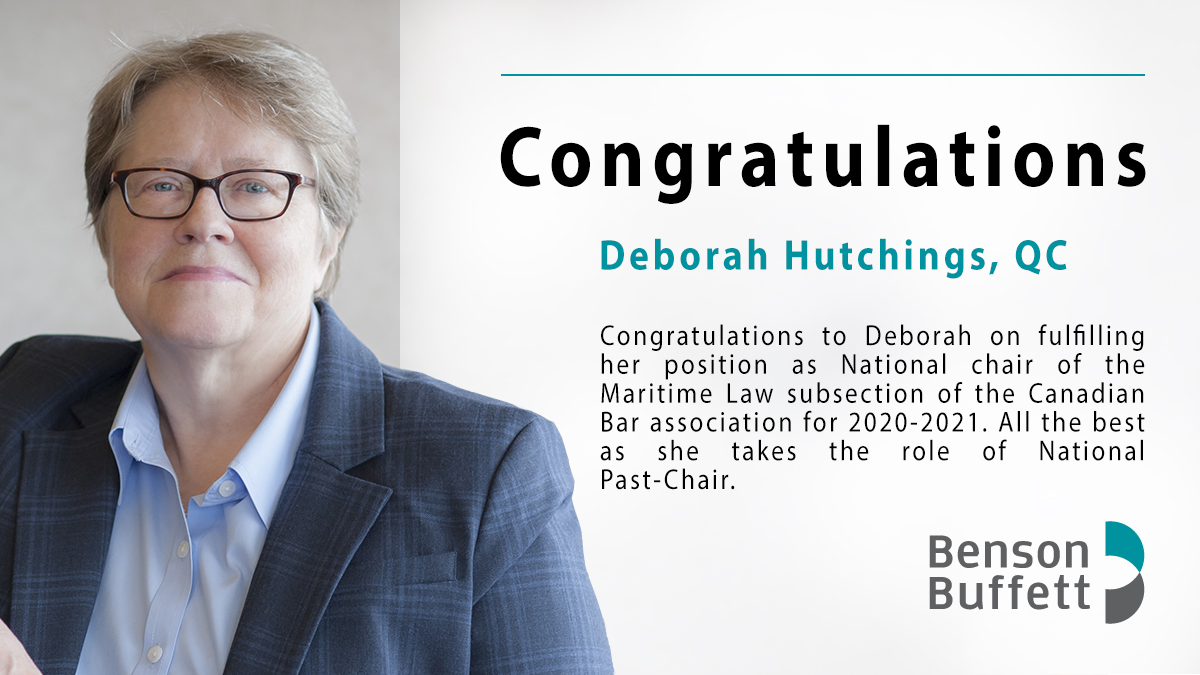 Congratulations to Deborah Hutchings on fulfilling her position as National chair of the Maritime Law subsection of the Canadian Bar association for 2020-2021. All the best as she takes the role of National Past-Chair.
bensonbuffett.com/lawyers/debora…